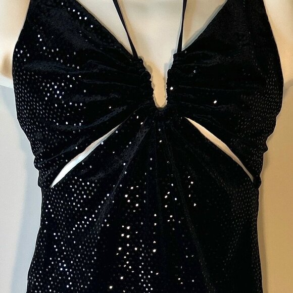 DO+BE SZ M Black Stretch Bodycon Halter Cutout Sequin Velvet Dress sexy club Y2K - Picture 3 of 9